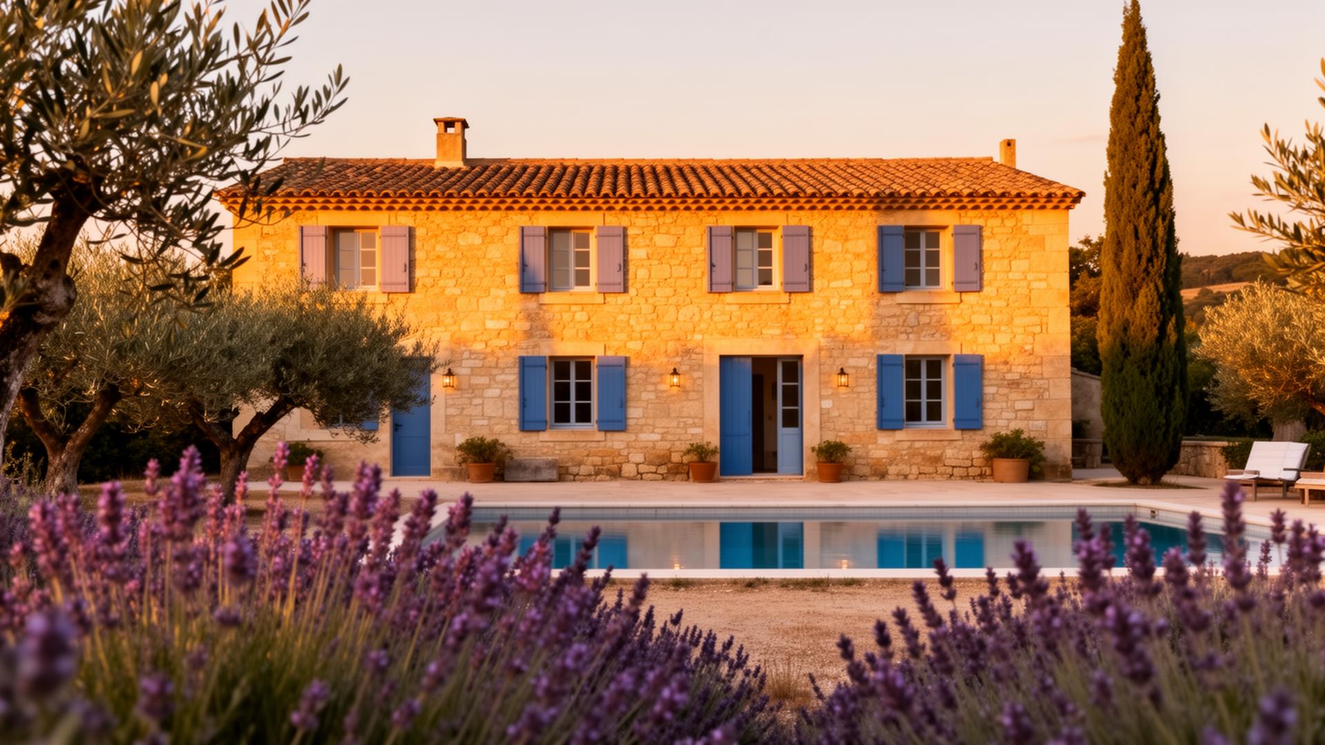 Mas provençal au coucher du soleil dans le Luberon