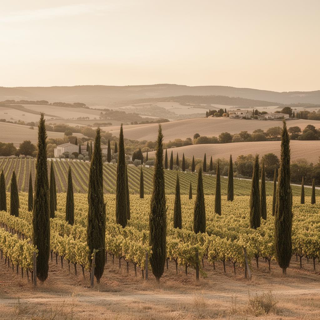 Vignoble et cyprès en Luberon au soleil couchant